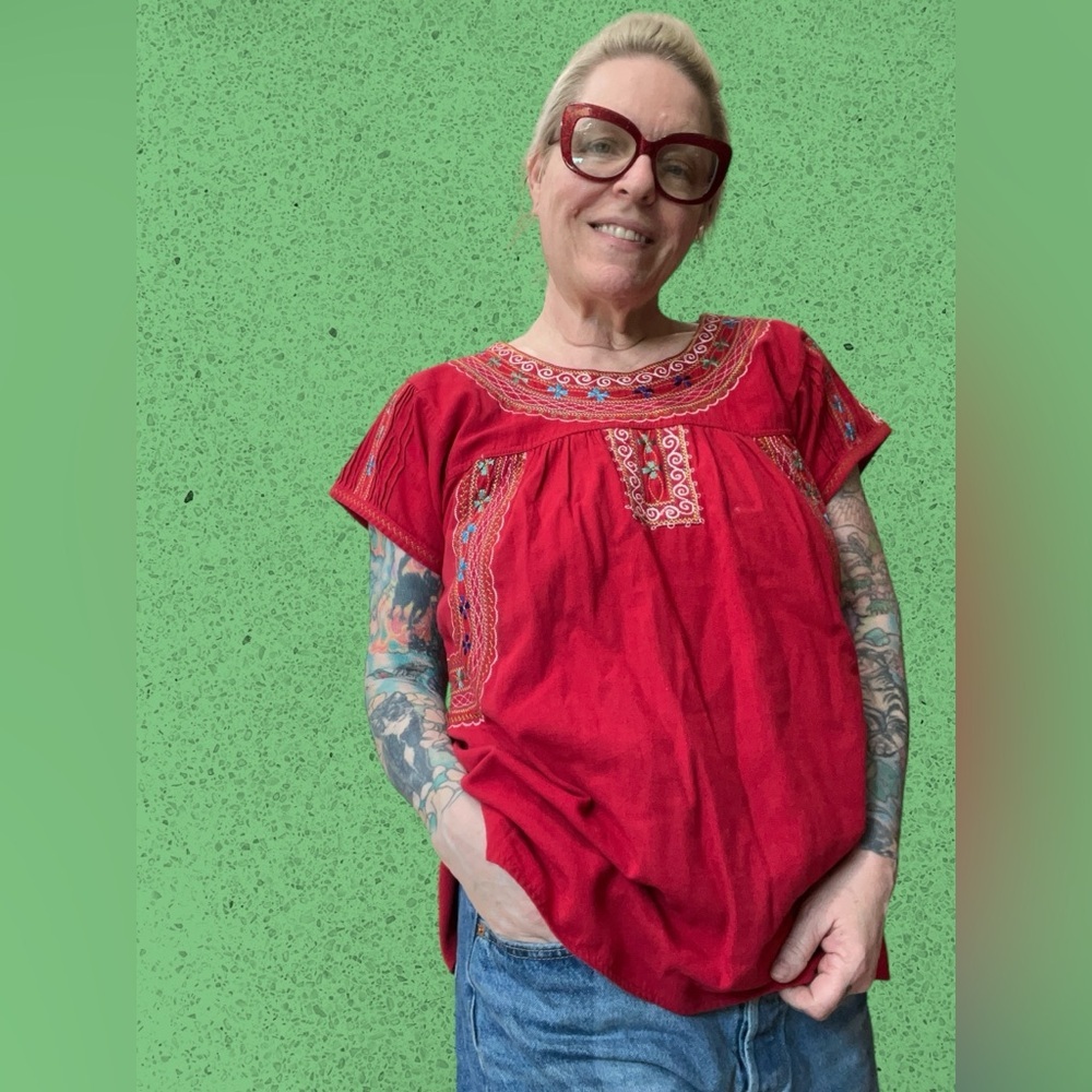 Vintage Red Embroidered Peasant Tunic